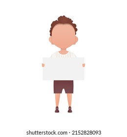 A cute preschool boy with a blank banner. Isolated. Vector illustration in cartoon style.