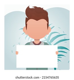 Cute preschool boy holding a blank banner. Place for text. Cartoon style. Vector illustration