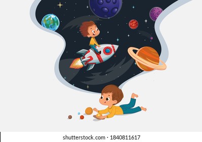 Cute preschool boy sit on the floor and play with the toy planets and imagine himself trevel on the rocket. Space, rockers stars, galaxy, and planets in the background. Kids Imagination and