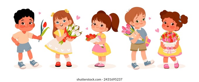 Cute preschool children with bouquets of flowers. Flat vector illustration for Women's Day or Mother's Day