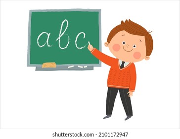 Cute preschool elementary school boy standing at the blackboard and writing abc letters. Cartoon vector hand drawn eps 10 illustration isolated on white in a flat style.