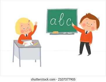 Cute preschool elementary school boy standing at the blackboard and writing abc letters. Cute girl raising her hand. Cartoon vector hand drawn eps 10 illustration isolated on white in a flat style.