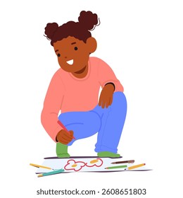 Cute preschool girl child cartoon character drawing with colorful pencils on paper feeling inspiration during creative leisure activity at home or kindergarten vector illustration. Children education