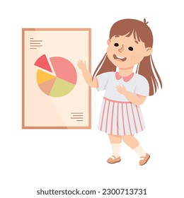 Cute preschool girl doing presentation at lesson cartoon vector illustration
