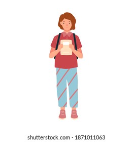Cute preschool girl holding notebook. Portrait of teenage student with schoolbag. Adolescent pupil standing with backpack. Flat vector cartoon illustration of cheerful schoolgirl isolated on white