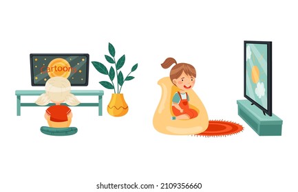 Cute preschool girl sitting on cushion and watching TV, child leisure concept vector illustration