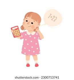 Cute preschool girl solving math examples using calculator cartoon vector illustration