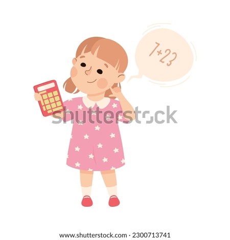 Cute preschool girl solving math examples using calculator cartoon vector illustration