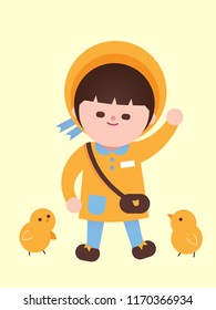 Cute preschool kids holding hands and laughing, with chicks - Vector flat cartoon illustration