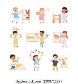 Cute preschool kids learning at school set. Boys and girls studying mathematics, geology, biology, foreign language cartoon vector illustration