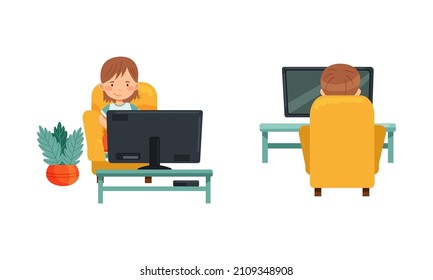 Cute Preschool Kids Sitting In Armchair And Watching TV, Front And Behind View, Child Leisure Concept Vector Illustration