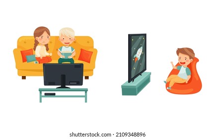 Cute preschool kids watching TV, child leisure concept vector illustration