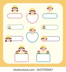 Cute preschool name tag and label stickers for children. Editable vector design suitable for school supplies, ID tags, or printable classroom materials. Hand-drawn style with character illustration.