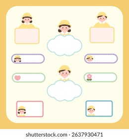 Cute preschool name tag and label stickers for children. Editable vector design suitable for school supplies, ID tags, or printable classroom materials. Hand-drawn style with character illustration.