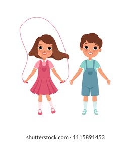 Cute preschooler boy and girl characters, students of elementary school, stage of growing up concept vector Illustration on a white background