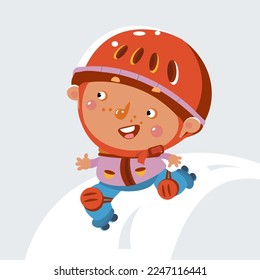 Cute preschooler boy riding on roller skates on track in park. Sport and children. Vector cartoon illustration for design. 