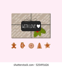 Cute present box. With love text. Vector illustration, eps10. Wrapped gift box with cookies. Christmas gifts with tag, bow, ribbons and fir-tree brunch. Front view.