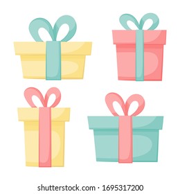Schreibe die vorhandenen Kisten aus. Cartoon Geschenke für den Urlaub. Einzeln auf weißem Hintergrund. Vektorillustration. Ideal für Urlaubsdesign, Grußkarten, Postkarten, Aufkleber, Banner, Poster.
