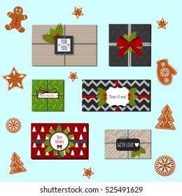 Cute Present boxes. Vector illustration. Wrapped gift boxes. Christmas gifts with tag, bow, ribbons and fir three brunch. Ginger cookies on blue background. Front view.