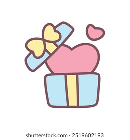 Cute present icon. Hand drawn illustration of a gift box with a heart inside isolated on a white background. Kawaii St. Valentine day sticker. Vector 10 EPS.