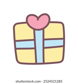 Cute present icon. Hand drawn illustration of a gift box decorated with a heart isolated on a white background. Kawaii St. Valentine day sticker. Vector 10 EPS.