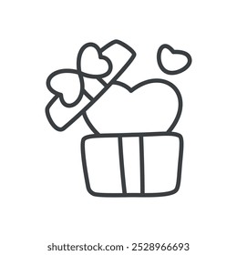Cute present icon. Hand drawn monochrome illustration of a gift box with a heart inside isolated on a white background. Vector 10 EPS.