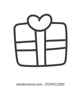 Cute present icon. Hand drawn monochrome illustration of a gift box decorated with a heart isolated isolated on a white background. Vector 10 EPS.