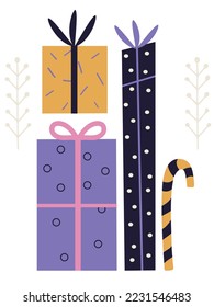 Cute presents and gift boxes for winter holidays, isolated vector illustration in flat style