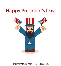 Cute President's Day Cartoon, flat design Abraham Lincoln with two united states flag and blue red white hat color