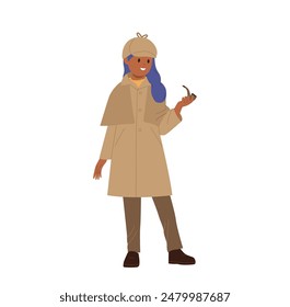 Cute preteen girl child detective cartoon character in traditional coat and hat holding smoking pipe