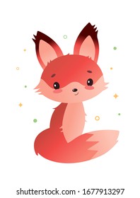 Cute pretty baby fox is sitting and smiling. Vector illustration in cartoon style.