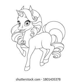 Cute pretty baby unicorn with curly mane and tail. Vector black and white illustration for coloring page.