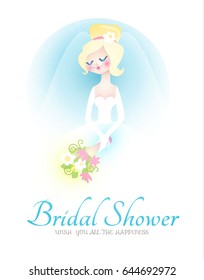 Cute and Pretty Cartoon Bride in a Long Dress, Holding a Bouquet. Wedding Card Template. Bridal Shower Celebration.  Vector illustration