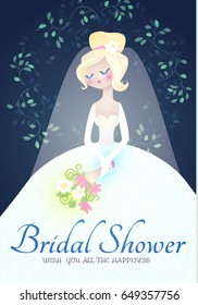 Cute and Pretty Cartoon Bride in a Long Dress, Holding a Bouquet. Wedding Card Template. Bridal Shower Celebration. Vector illustration
