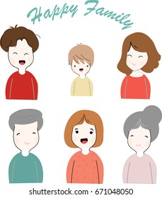 Cute pretty cartoon people character smile satisfied happy warm family face of dad mom kids boy girl grandpa and grandma,hand draw doodle comic style, set vector graphic design illustration 