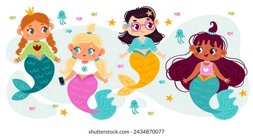 Cute pretty dressed mermaids childish characters set. Little marine princess with colorful tail wearing beautiful costume vector illustration. Attractive fairytale siren, small queen of underwater sea