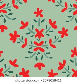 Cute pretty flowers arranged in a beautiful floral damask pattern in a color palette of red and green on sage green background. A seamless vector pattern. Great for home decor, fabric, wallpaper, gift