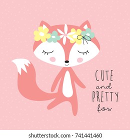 Cute And Pretty Fox With Floral Wreath Vector Illustration