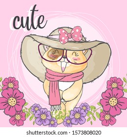 Cute pretty fox with flowers illustration for kids. Cute cat wearing hat, eyeglasses and scarf. Beauty cat wearing hat, pink scarf and eyeglasses. 