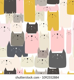 Cute pretty funny cat face seamless pattern,illustration vector by freehand doodle comic art