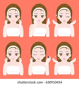 Cute pretty girl apply eye cream and spray skincare on face, flat design vector, before and after instruction for use in dermatology, cosmetic and spa product