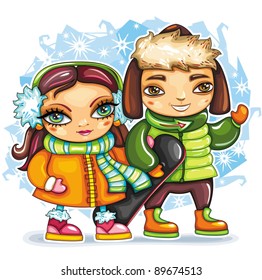 Cute pretty girl and boy wearing colorful clothes, holding snowboard walking outside on the winter day in the snow.