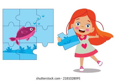 cute pretty girl doing puzzles