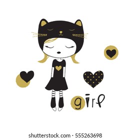 cute pretty girl, fashion for girls, T-shirt design for kids vector illustration