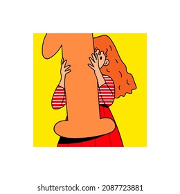 Cute pretty girl holding a big number One. Happy joyful young woman showing number. Education, birhtday, celebrating achievements concept. Cartoon comic style. Hand drawn modern Vector illustration