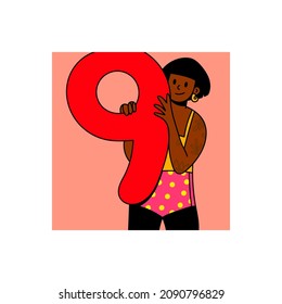Cute pretty girl holding a number Nine. Happy joyful young woman showing big number. Education, birthday, celebrating achievements concept. Cartoon comic style. Hand drawn modern Vector illustration