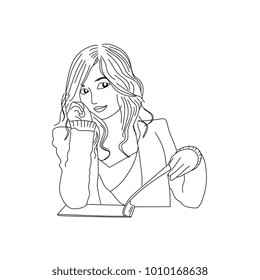 Cute pretty girl reading magazine book. Line art vector illustration. 