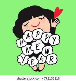 Cute Pretty Girl Saying Happy New Year While Blowing Red Heart Concept Greeting Card Character illustration