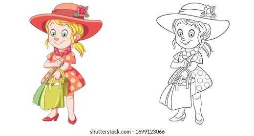 Cute pretty girl shopping. Coloring page and colorful clipart character. Cartoon design for t shirt print, icon, logo, label, patch or sticker. Vector illustration.