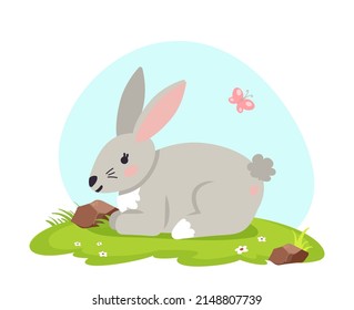 Cute pretty grey bunny, rabbit or hare on summer landscape vector flat illustration isolated on white background. Funny adorable pet or wild forest animal, Easter symbol or mascot. Cartoon farm animal